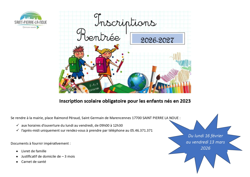 Inscriptions &eacute;cole ann&eacute;e scolaire 2026-2027